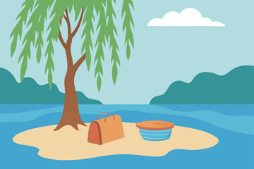 Tropical island getaway with luggage and cooler under a willow tree