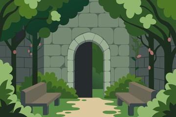 Fototapeta premium Enchanted garden entrance with stone archway and benches