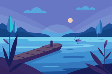 Obraz premium Tranquil twilight lake scene with dragonfly and dock