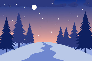 Fototapeta premium Winter landscape with snowfall and full moon