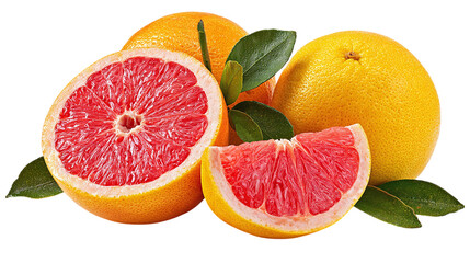 Whole and sliced grapefruit, citrus fruit display, isolated on transparent background 