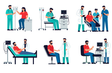 Various Medical Interactions in a Modern Clinic. Illustration of Comprehensive Healthcare. illustrated medical scenes depicting consultations, diagnoses, and clinical treatments in a modern, professio