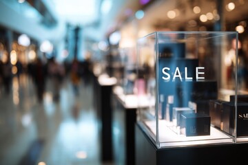 Fototapeta premium Modern pop-up sale booth setup with SALE text in a mall.