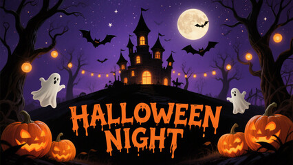 A hauntingly enchanting Halloween scene under a dark, starry sky with a glowing full moon in the background. Halloween, Halloween Costumes, Halloween Background, Happy Halloween