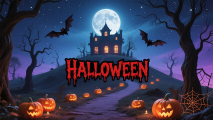 A hauntingly Halloween scene under a full moon glowing brightly in a dark, starry sky. Halloween, Halloween Costumes, Halloween Background, Happy Halloween