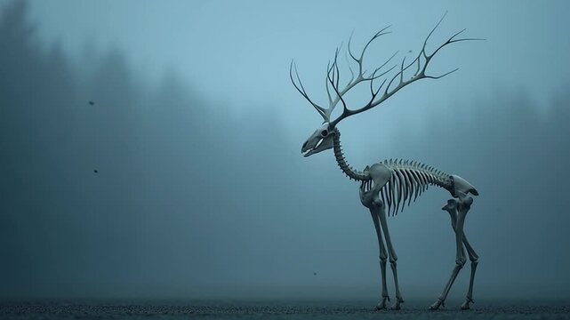 Skeletal Deer with Twisted Antlers in Foggy Forest
