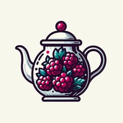 Teapot with raspberry illustration and fruit decorations for hot beverage enjoyment