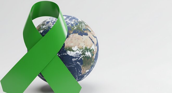 A green awareness ribbon encircles planet Earth, symbolizing global environmental protection, conservation, and ecological care. Isolated on a white background.