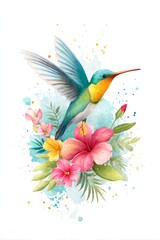 Obraz premium watercolor hummingbird flying through vibrant jungle flowers with splashes of pink, teal, and green