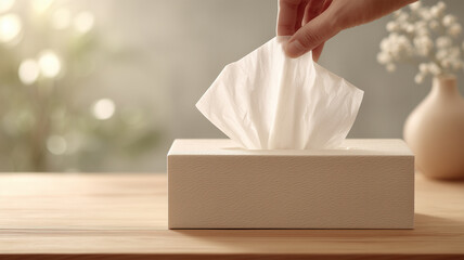 オーク材テーブルのティッシュ取り出し