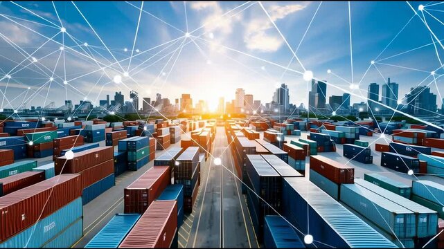 Shipping container yard city skyline sunrise digital network logistics transportation technology supply chain urban infrastructure innovation with colorful cargo containers and global connectivity - Powered by Adobe
