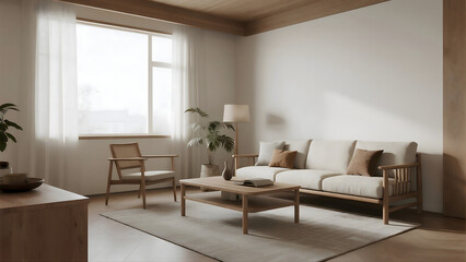 Fototapeta premium Serene and minimalist living room with natural light and Scandinavian-inspired furniture, creating a calm and inviting atmosphere.