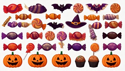 Halloween candy set. Holiday sweets collection. Vector illustrations