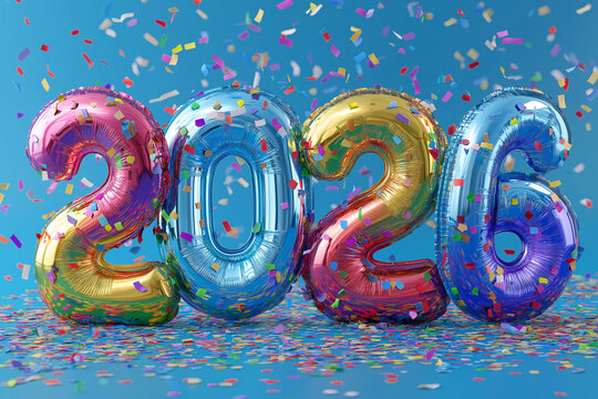 Colorful balloons spelling out "2026" amidst falling confetti on a blue background. Symbolizes celebration, new beginnings, hope, and the excitement of the upcoming year.