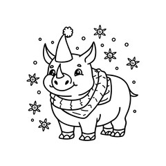 Cute cartoon rhinoceros wearing a winter hat and striped scarf, standing among falling snowflakes, in a cheerful holiday illustration.