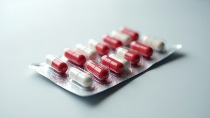 Medication Capsules Pharmacy Pills Red and White Drug Tablets in Blister Pack