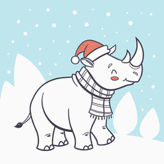 A cute cartoon rhinoceros wearing a red Santa hat and striped scarf stands happily in a snowy winter landscape with falling snowflakes.