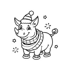 A cute cartoon rhino wearing a winter hat, striped scarf, and leg warmers, surrounded by snowflakes and stars, ready for coloring.