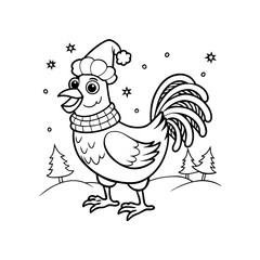 A cartoon rooster wearing a Santa hat and scarf stands in a snowy landscape with Christmas trees.