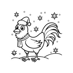 A cute cartoon rooster wearing a Santa hat and scarf stands in a snowy landscape with falling snowflakes.