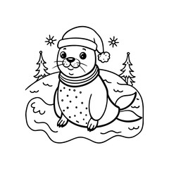 A cute cartoon seal wearing a Santa hat and scarf sits on a snowy landscape with Christmas trees and snowflakes.