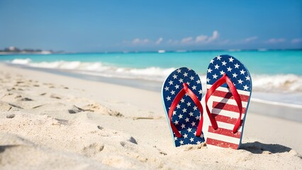 American flag flipflops on a sunny beach vacation
