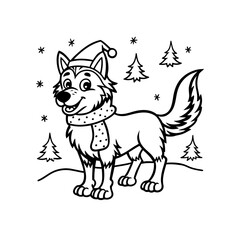 Cartoon illustration of a happy husky dog wearing a Santa hat and scarf, standing in a snowy winter landscape with Christmas trees.