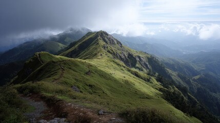 Fototapeta premium Breathtaking View of Lush Green Mountains Under a Cloudy Sky During the Late Afternoon