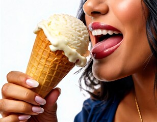 Indulge in the Delightful Moment of a Woman Enjoying a Creamy Vanilla Ice Cream Cone on a Su.jpg