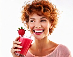 Joyful lady enjoys a refreshing strawberry smoothie, a vibrant and healthy beverage ideal fo.jpg
