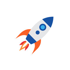 Obraz premium Cartoon rocket ship blasting off with orange flames and blue accents
