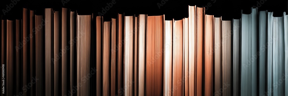 Poster books arranged in a gradient from dark to light, illustrating transformation and knowledge at a well