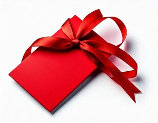 Red gift tag with red ribbon isolated on white 
