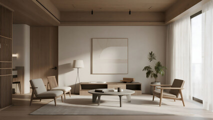 Fototapeta premium Serene Minimalist Living Room with Natural Wood Accents and Soft Daylight Illumination