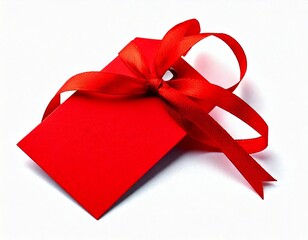 Red gift tag with red ribbon isolated on white 
