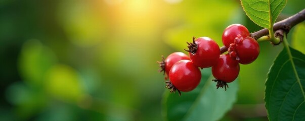 Obraz premium Bright coffee berries on branch, lush plantation , South America, coffee plant