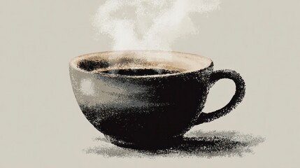 Illustrated black cup of steaming coffee with textured brush strokes on a beige background