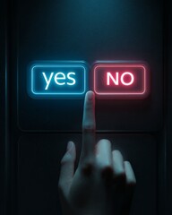 Hand hovering over glowing yes and no buttons representing a decision point.