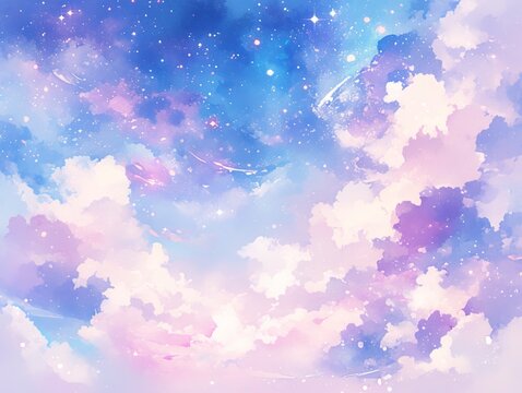 Dreamy Watercolor Sky with Pastel Clouds and Stardust, Ethereal Celestial Background in Pink-Purple-Blue

