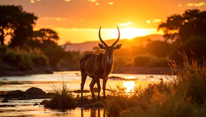 Majestic antelope at sunset by a river