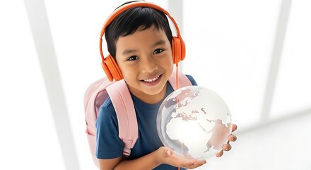 A young student holding a globe while listening to music. 