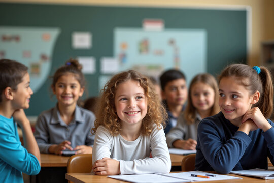 A diverse group of children sit at desks in a bright classroom, sharing smiles and learning together during a lively lesson - Back to school atmosphere - Generative AI.