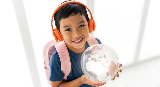 A young student holding a globe while listening to music. 