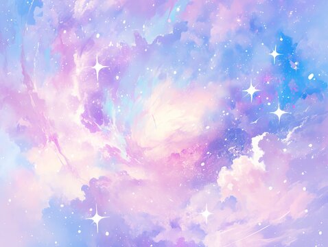 Dreamy Watercolor Sky with Pastel Clouds and Stardust, Ethereal Celestial Background in Pink-Purple-Blue
