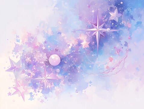 Dreamy Watercolor Sky with Pastel Clouds and Stardust, Ethereal Celestial Background in Pink-Purple-Blue
