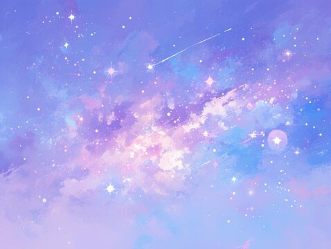 Dreamy Watercolor Sky with Pastel Clouds and Stardust, Ethereal Celestial Background in Pink-Purple-Blue
