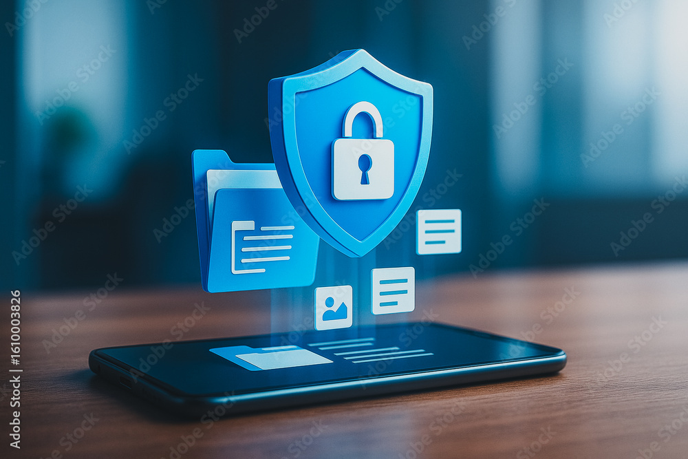 Poster digital shield: conceptual image showcasing data protection and security, with a glowing digital shi