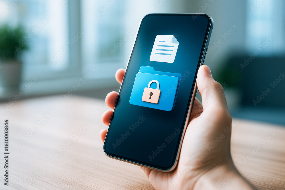 Poster mobile phone security: a secure mobile phone displaying a lock icon over a file, symbolizing data pr
