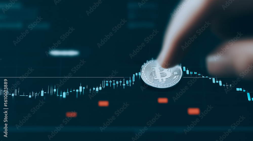 Aufkleber bitcoin investment and financial analysis: a close-up of a finger interacting with a physical bitcoi