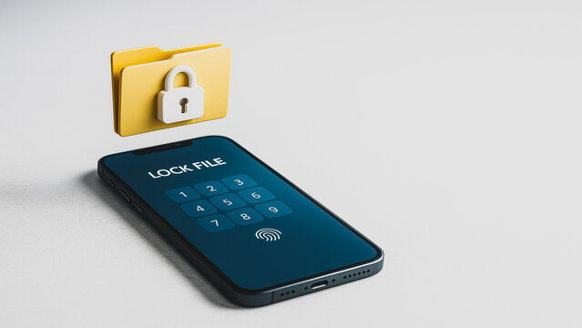 Digital Security: A close-up shot of a smartphone displaying a password entry interface. Beside it, a folder icon featuring a padlock evokes the concept of data security in the digital landscape.